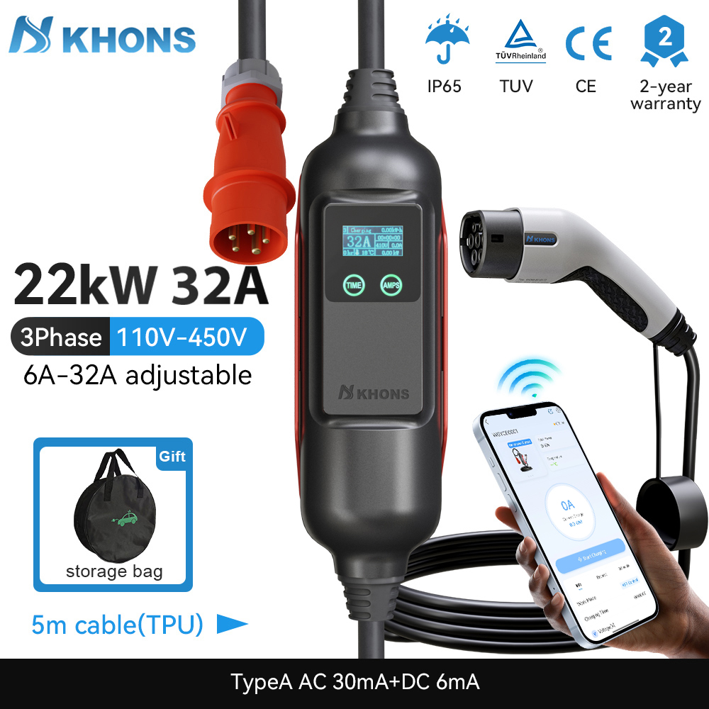 Cargador EV portátil Khons Typ - Ev Charger Type 2 22Kw 32A 3 Phase reseña y precio